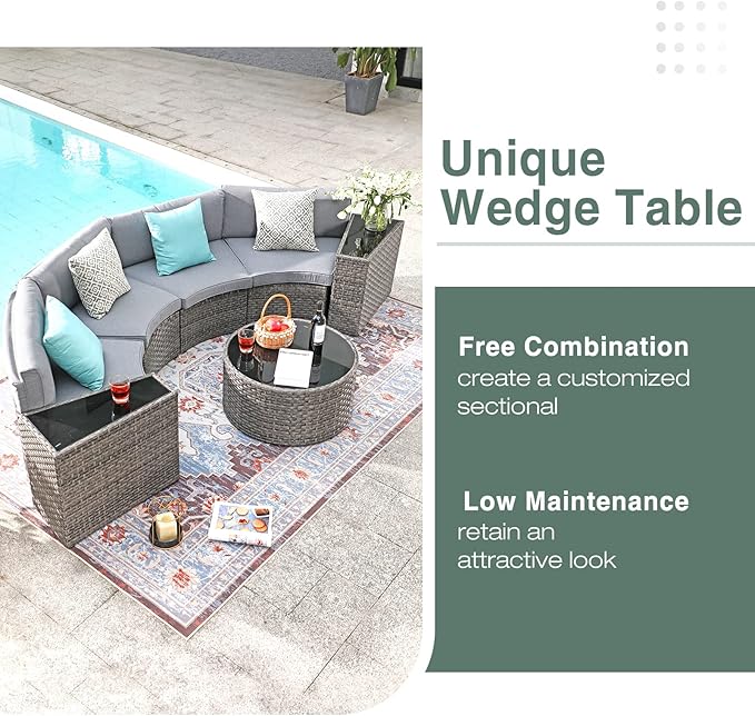 SUNSITT Outdoor Patio Furniture Sectional 7-Piece Half-Moon Curved Outdoor Sofa Set with Round Coffee Table, 4 Pillows & Waterproof Cover, Grey Rattan