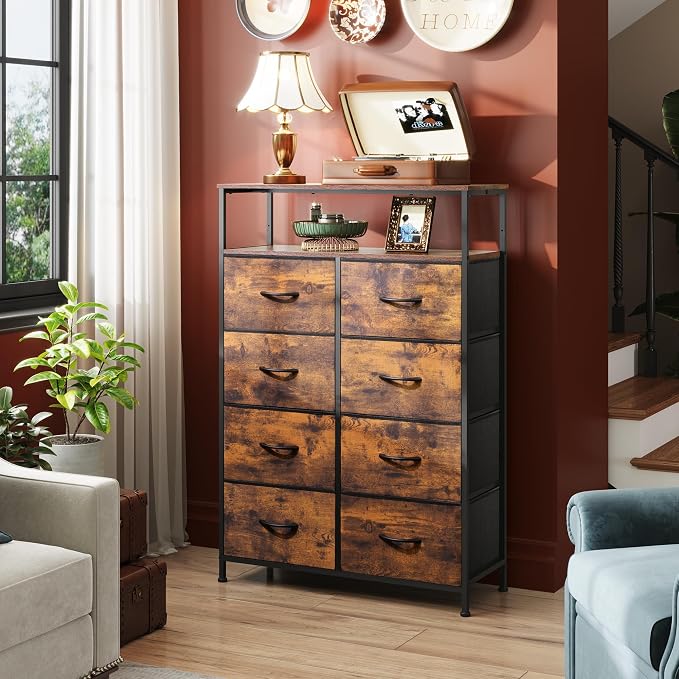 WLIVE Fabric Dresser for Bedroom with Open Shelves, Tall Dresser with 8 Drawers, Storage Tower with Fabric Bins, Chest of Drawers for Closet, Hallway, Rustic Brown Wood Grain Print - Image 2