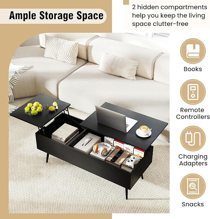 Tangkula Lift Top Coffee Table, Mid Century Modern Center Table with Split Top & 2 Hidden Compartments, Rectangle Accent Table with Tapered Metal Legs for Living Room (Black)