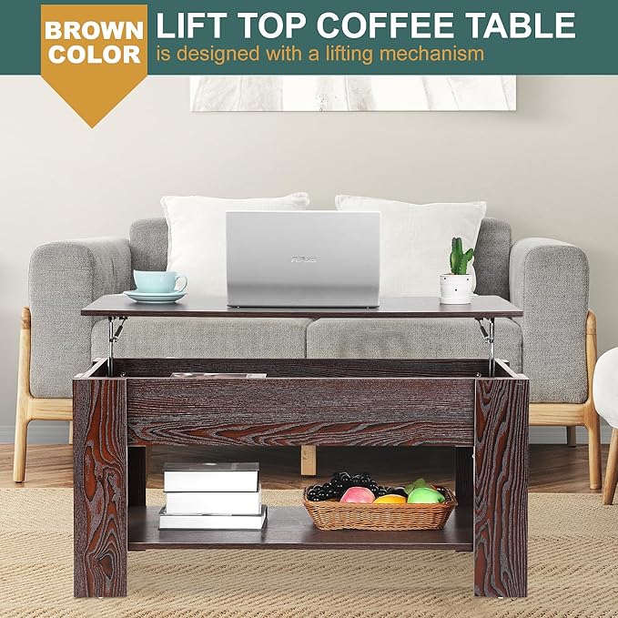PayLessHere Coffee Table Lift Top Coffee Tables with Hidden Compartment and Storage Shelf Wooden Lift Tabletop Dining Table for Living Room Home (Espresso, 39" D x 28" W x 24" H)