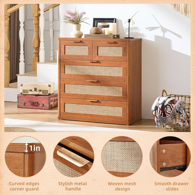 LEYAOYAO Rattan Dresser for Bedroom, 33.5" Tall Chest of Drawers, Modern 5 Drawers Boho Dressers with Storage, Vintage Brown Dresser Wooden Closet Organizer for Living Room, Hallway - Image 7