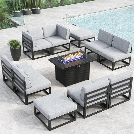 LayinSun Large Aluminum Patio Furniture Set with Fire Pit Table, 11 Pieces Modern Outdoor Conversation Set Sectional Metal Sofa Set with Olefin Cushion