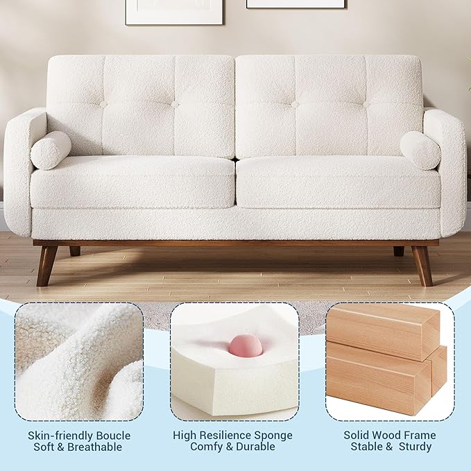 Garvee 65" Mid Century Modern Loveseat Sofa for Small Spaces, 2 Seater Boucle Upholstered Couch with Button Tufted Design & Wood Legs, Small Couch for Living Room, Bedroom, Office, Apartment, Beige