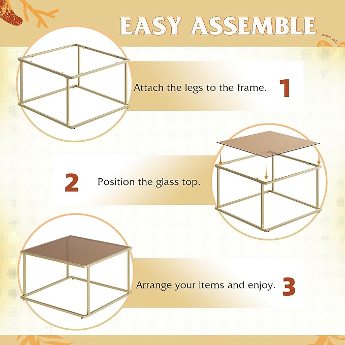 WLIVE Coffee Table, Glass Coffee Table for Living Room, Modern Small Coffee Table with Tempered Glass & Metal Frame, Square Center Table for Small Spaces Apartment, Office, 26.4 x 26.4in, Gold