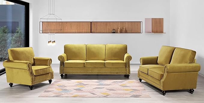 Lotus Mid Century Modern Velvet Upholstered Living Room Rolled Arms, Chair, Loveseat and Sofa, Strong Yellow