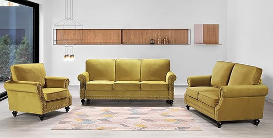 Lotus Mid Century Modern Velvet Upholstered Living Room Rolled Arms, Chair, Loveseat and Sofa, Strong Yellow