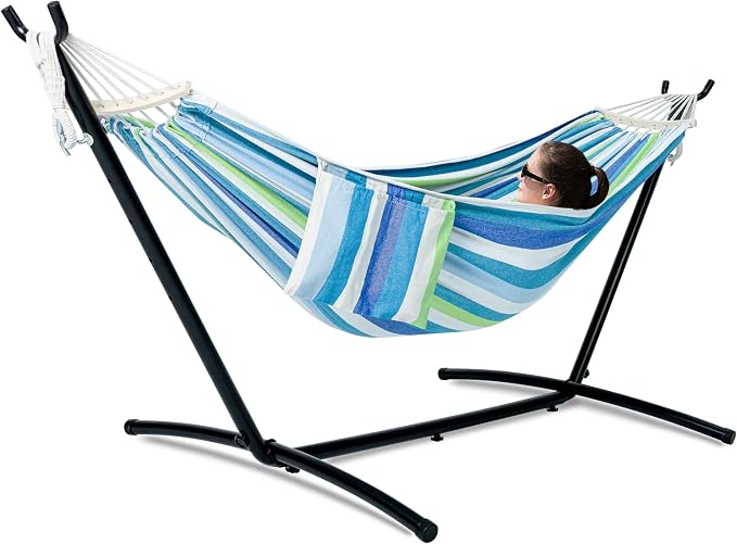 GAFETE Double Hammock with Stand for Outside, Upgraded Spreader Bar, Heavy Duty Space Saving Steel Stand 2 Person, Convenient Pockets, Easy Assembly, 600lbs Weight Capacity, Indoor & Outdoor (Lagoon) by GafeteOutdoorLiving