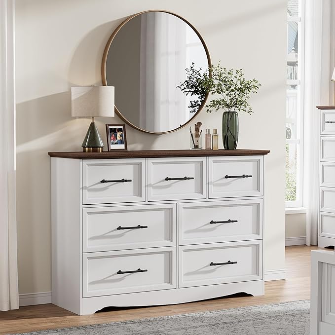 Bedroom Set, 3 Pieces Bedroom Furniture Set, Wood 7 Drawer Dresser and 3 Drawers Nightstands with Charging Station, Farmhouse Storage Organizer Cabinet for Bedroom, White