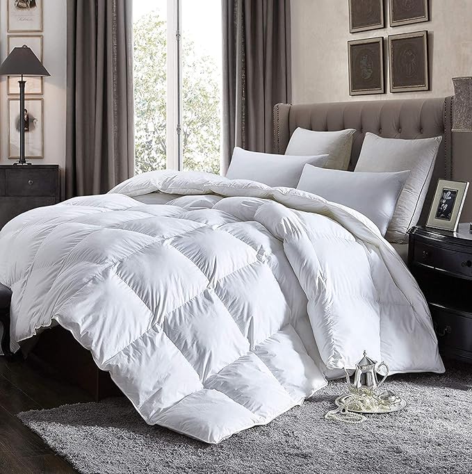 Luxurious Full/Queen Size Lightweight Goose Down Comforter Duvet Insert Summer Weight, 1200 Thread Count 100% Egyptian Cotton, 40 oz Fill Weight, White Color