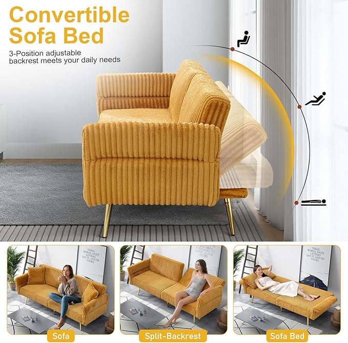 Rovibek Futon Loveseat Sofa Bed, Modern Corduroy Futon Couch with Adjustable Backrest, 2 Pillows, Convertible Futon Sofa for Small Spaces Living Room, Apartment, Guest Room, Yellow