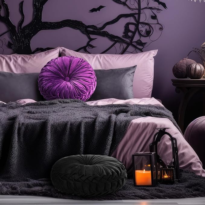 Beeveer 2 Pcs Round Throw Pillows 15 Inch Decorative Velvet Pleated Pumpkin Pillows Boho Floor Pillow with Center Button for Living Room Couch Chair Bed Sofa Home Decoration (Black and Purple)