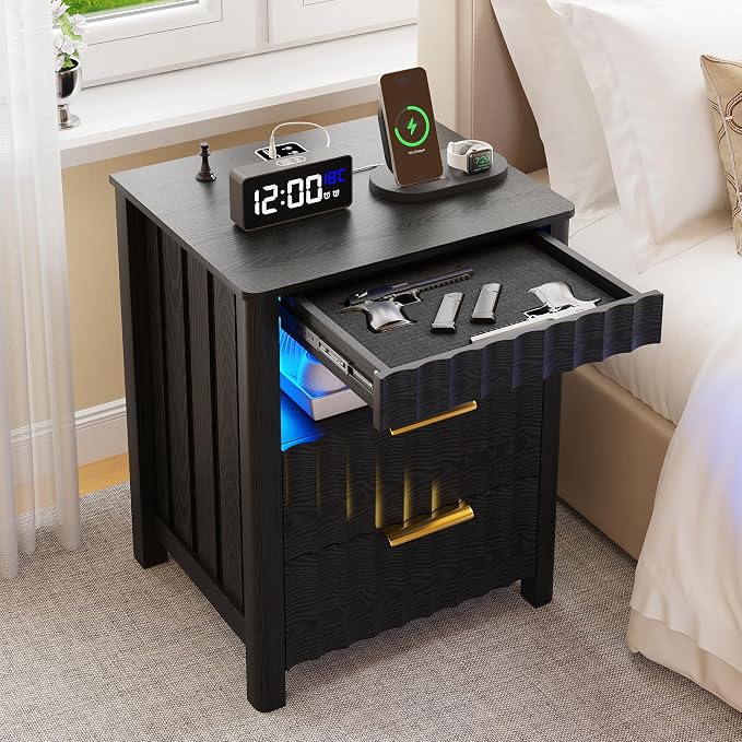 Dystler Fluted Night Stand with LED Light, Nightstand with Charging Station and Gun Drawer, Modern Bedside Table with Human Sensort and Storage Shelf for Bedroom, Black by CraftYourIdealHomeLife