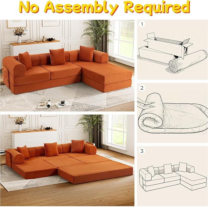 106.3" L Shape Convertible Sleeper Sofa Bed, Oversized Modular Sectional Cloud Sofa with Fixed-Shape Frame & Storage Pocket, Boneless Couch for Living Room, No Assembly Required, Orange