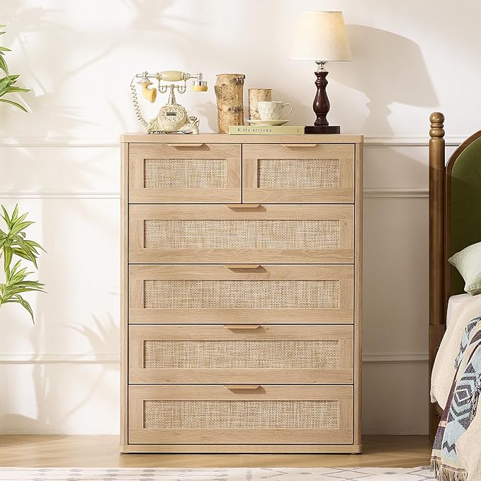LEYAOYAO Rattan Dresser for Bedroom Set of 2, 41" Tall Chest of Drawers, Modern 6 Drawers Boho Dressers with Storage, Light Oak Dresser Wooden Closet Organizer for Living Room, Hallway, Natural Wood - Image 6