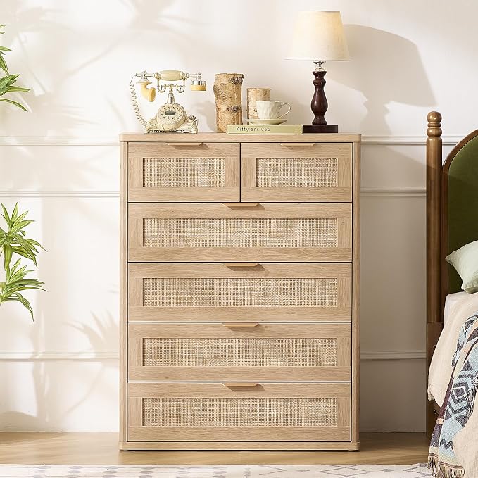 LEYAOYAO Rattan Dresser for Bedroom, 41" Tall Chest of Drawers, Modern 6 Drawers Boho Dressers with Storage, Light Oak Dresser Wooden Closet Organizer for Living Room, Hallway, Natural Wood - Image 6