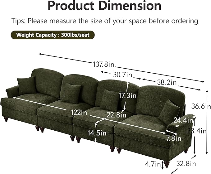 KEIKI Mid Century Modular Sofa with Flared Arms and Skirted Design, 137“ Oversized 4-Seater Luxury Chenille Sectional Couches for Living Room, Soft Comfortable Couch Bedroom Furniture, Green