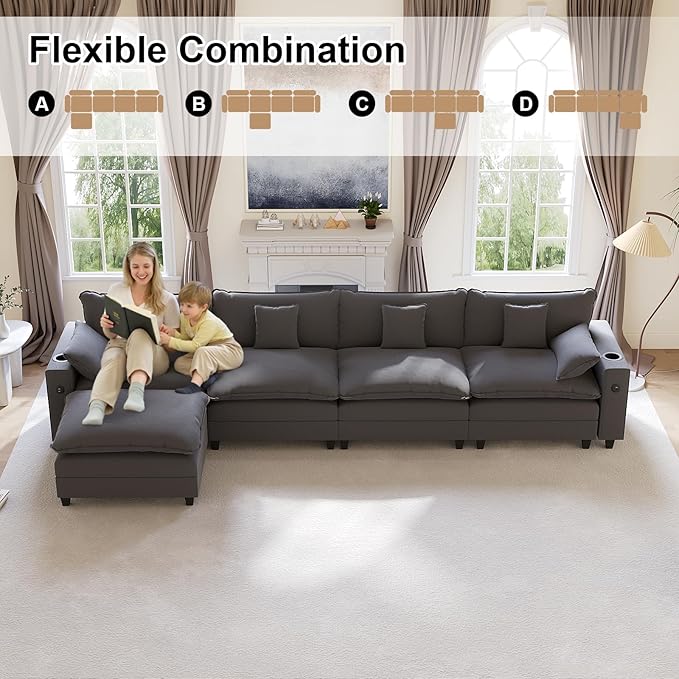 152" Modular Sectional Sofa, L Shaped Cloud Couch with Movable Ottoman, Chenille Deep Seat Cloud Sofa with Charging Station, Cup Holder, Side Pocket, Sectional Couches for Living Room, Grey