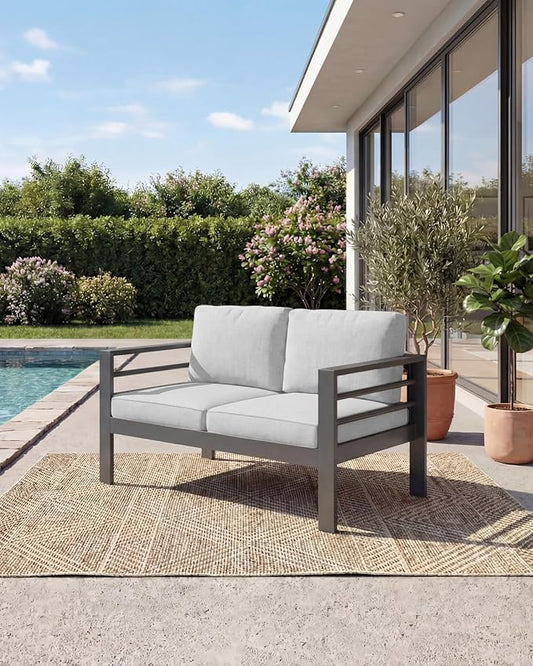 AECOJOY Aluminum Patio Furniture Loveseat, Modern Outdoor Furniture with Washable 5 inch Thick Cushion, Light Gray