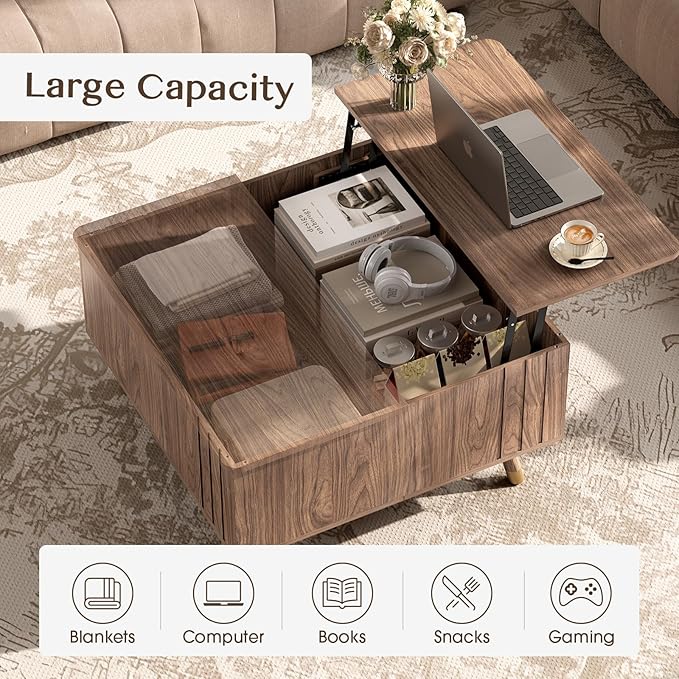 32" Square Lift Top Coffee Table with Storage, Mid Century Modern Walnut Center Table with Rising Desktop for Living Room, Brown Wood Finish