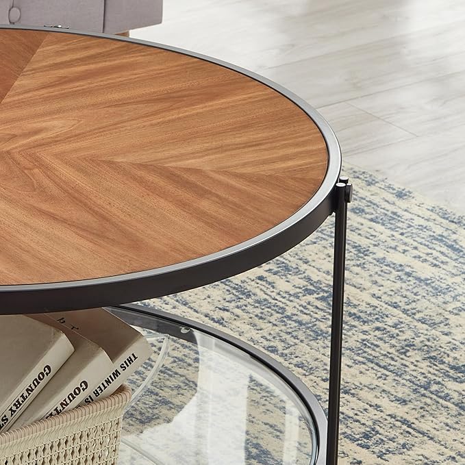 32" Round Glass Coffee Table with Glass Bottom, Black Circle Center Coffee Table with Wood Top ＆ Metal Frame, Small Table for Living Room, Apartment (32" Dx32 Wx18 H, Black)