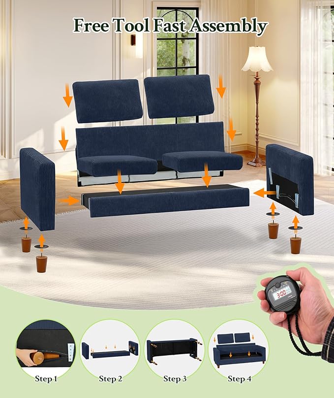 70.2" Couches for Living Room, Comfy Blue Couch 7.1" Extra Thick Cushion, Sofas for Living Room Tool-Free Setup, Loveseat Sofa 705lbs Support, Corduroy Couch for Bedroom, Apartment, Office