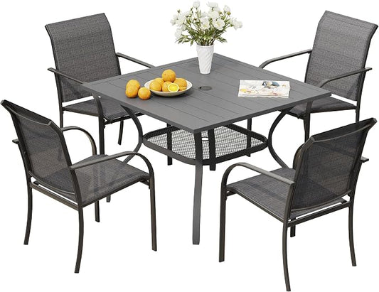 VICLLAX Outdoor Dining Set for 4, Patio Furniture Set of 4 Patio Stackable Dining Chairs and Outdoor Metal Square Table with Umbrella Hole for Backyard Lawn Garden, Dark Grey Chairs and Grey Table by HOME