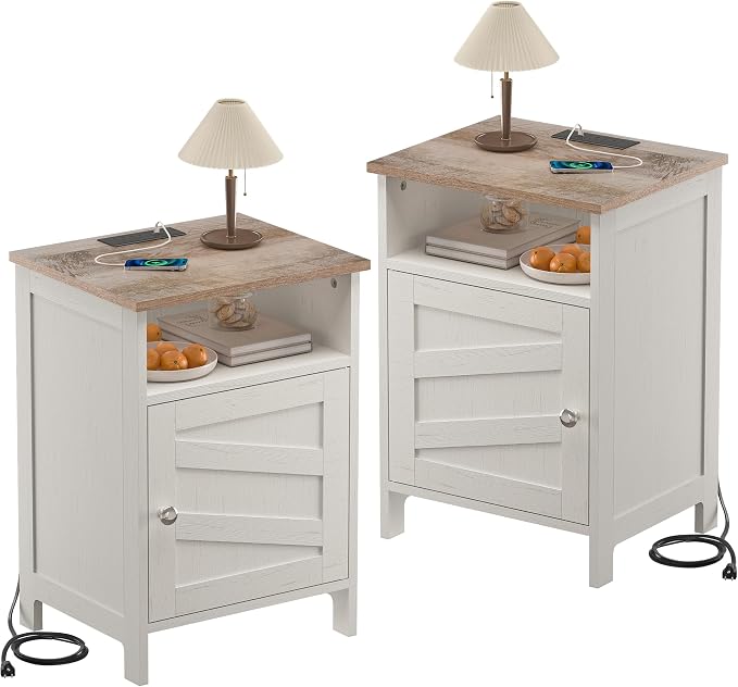 Nightstands Set of 2 with Charging Station, Farmhouse Night Stand with Open Shelf, Bedside Tables with Enclosed Cabinet, Wooden End Table with USB Ports & Outlets for Bedroom by TimelessWarmth