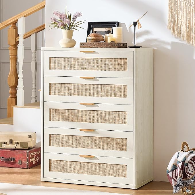 LEYAOYAO Rattan Dresser for Bedroom Set 2, 41" Tall Chest of Drawers, Modern 5 Drawers Boho Dressers with Storage, Light Oak Dresser Wooden Closet Organizer for Living Room, Hallway, Grey White - Image 6