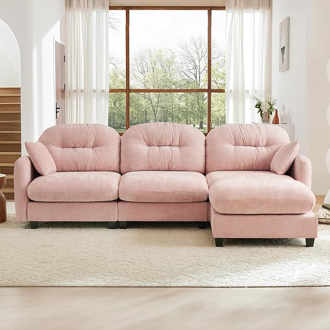 KEIKI 107" L-Shaped Oversized Chenille Modular Sectional Sofa with 1 Ottoman, High-Density Foam Cushions, Tufted Pleated Cushion Backrest, Modern 3-Seater Couch with 2 Pillow, for Living Room, Pink