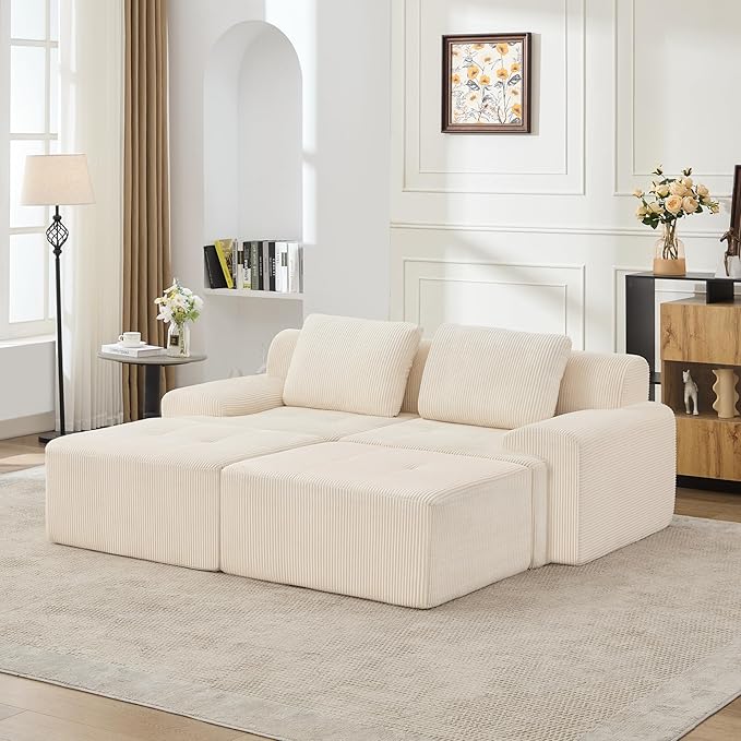 KIGOTY Modular Sectional Sofa, 4 PCS Comfy Cloud Sectional Couch with Deep Seat, Sleeper Sofa Bed with Ottoman, Modern Boneless Couch for Living Room, No Assembly Required,White