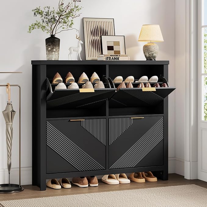 ONBRILL Shoe Cabinet with 4 Flip Drawers, 16-24 Pairs Shoe Organizer with Symmetric Groove Pattern, Freestanding Slim Hidden Shoe Storage Cabinet for Entryway, Hallway (Black) - Image 9