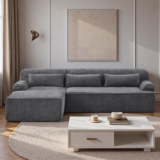 L-Shaped Sectional Sofa, Luxury Upholstered Chenille 3-Seater Sofa with Left Chaise Lounge & 3 Lumbar Pillows, Modern Comfy Oversized Couch with Side Pocket for Living Room, Apartment, Grey