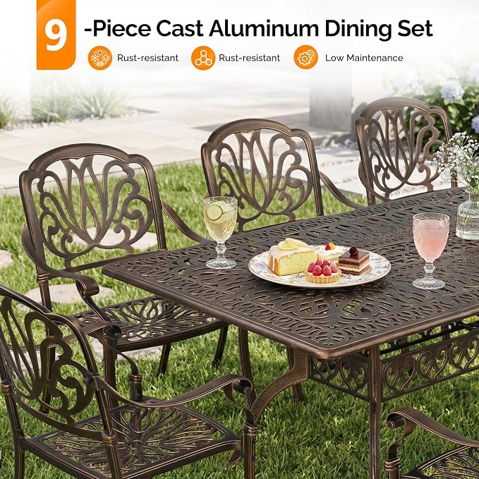 VINGLI 9-Piece Cast Aluminum Outdoor Dining Set for 8, Rectangular Patio Table with Umbrella Hole & 8 Stackable Chairs, All-Weather Garden/Poolside Furniture - Image 5