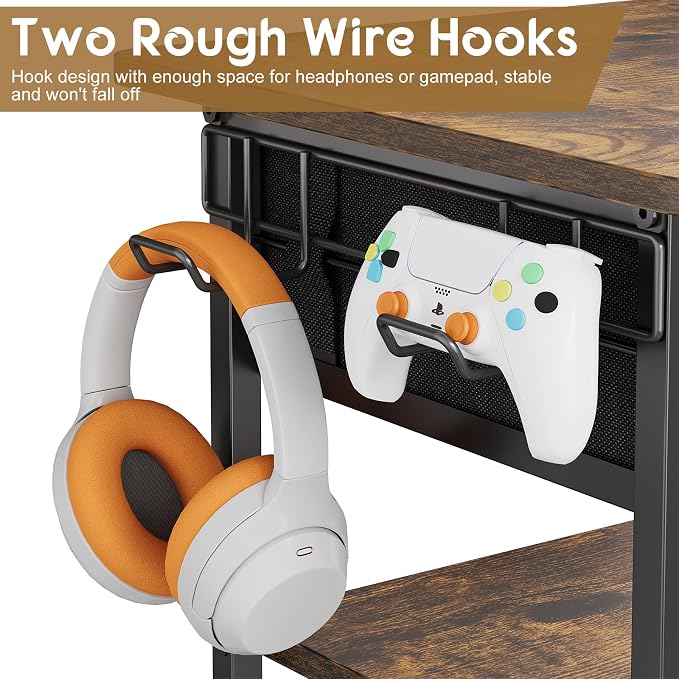 Hongtamoya 4-Tier AV Media Stand with Drawer, Video Game Console Shelf with 2 Hooks, Audio Rack Tower Perfect for/Xbox/ PS5/Switch/Game Consoles/DVD/Record Player/Projector/Sky Box/TV Accessories - Image 7