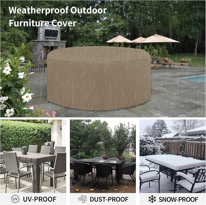 Easy-Going 600D Heavy Duty Round Patio Furniture Cover, Outdoor Table and Chair Set Cover, Waterproof Outdoor Sectional Furniture Set Cover (62" DIAx 28" H, Camel) - Image 6