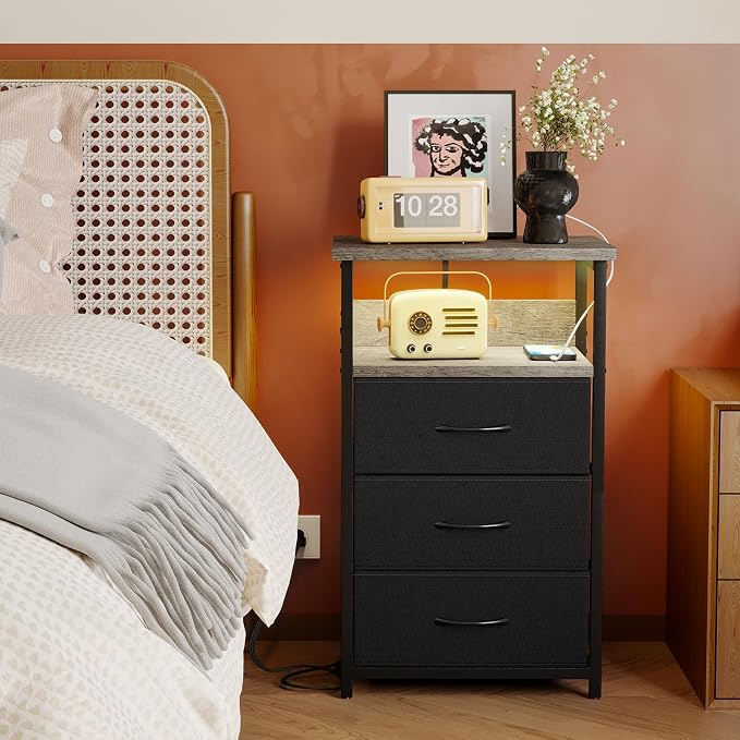 Fixwal Night Stand with Charging Station, LED Nightstand with Fabric Drawers, End Table with PU Finish, Bed Side Table, French Oak - Image 8