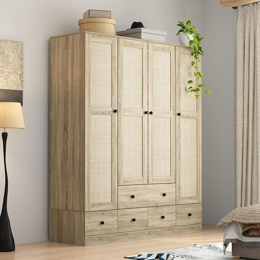 WOODTIME Rattan Armoire Wardrobe Closet with 7 Shelves, 5 Drawers & Hanging Bars, 59" L Wooden Wardrobe Clothes Storage Cabinet for Bedroom, Guest Room, Brown