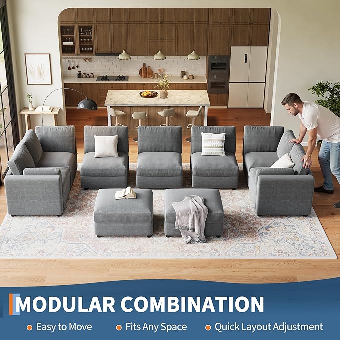 IDEALHOUSE 172" Modular Sectional Sofa, 9 Seater Sectional Couch, U-Shape Modern Sofa with Ottoman, Deep Seat, Oversized Convertible Modular Couch for Living Room Apartment Office, Chenille, Grey
