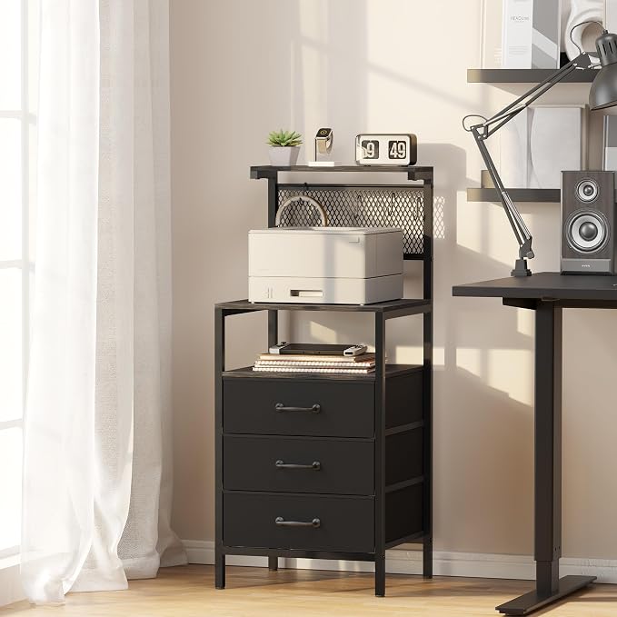 Tall Nightstand with Charging Station and LED Lights, Large Night Stands with 3 Fabric Drawers, Bedside Table with Storage Shelves and Hooks for Bedroom, Office, Dorm, Black - Image 9