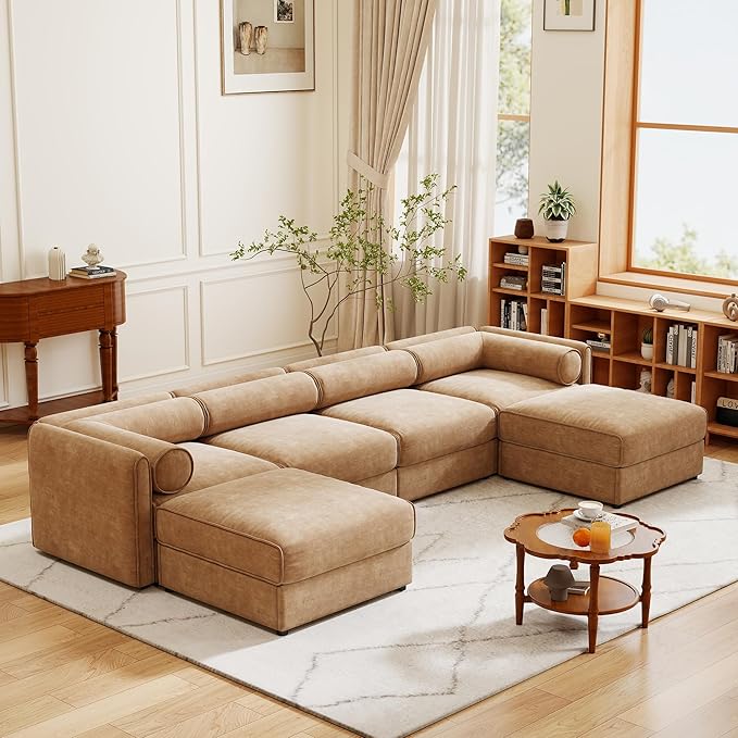 KEIKI 143" U-Shaped Modular Chenille Sectional Sofa with Storage Seat, 2 Ottoman, Modern Style 4-Seater Couch with Cylindrical Backrest and Armrests, Easy Assembly, for Apartment, Living Room, Camel