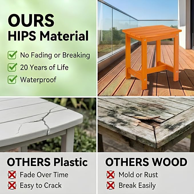 Y&M Outdoor Side Table, HIPS Adirondack Small Single Table, Waterproof Square Outside Table, Balcony Modern End Tables for Patio, Pool, Beach, Porch, Deck, Indoor or Outdoor Use, Orange - Image 7