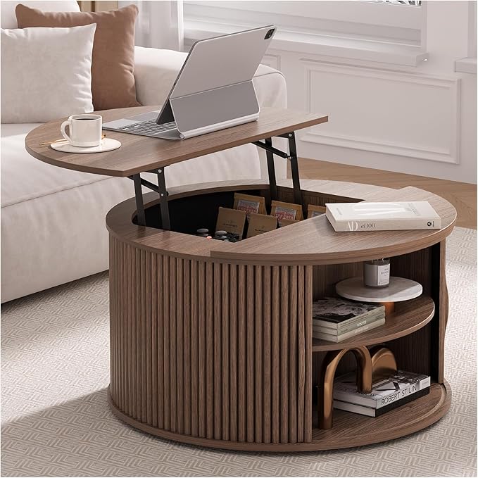 31.5" Round Lift Top Coffee Table with Hidden Storage, Mid Century Modern Walnut Drum Coffee Table for Living Room, Wood Fluted Design Center Table for Small Apartment & WFH