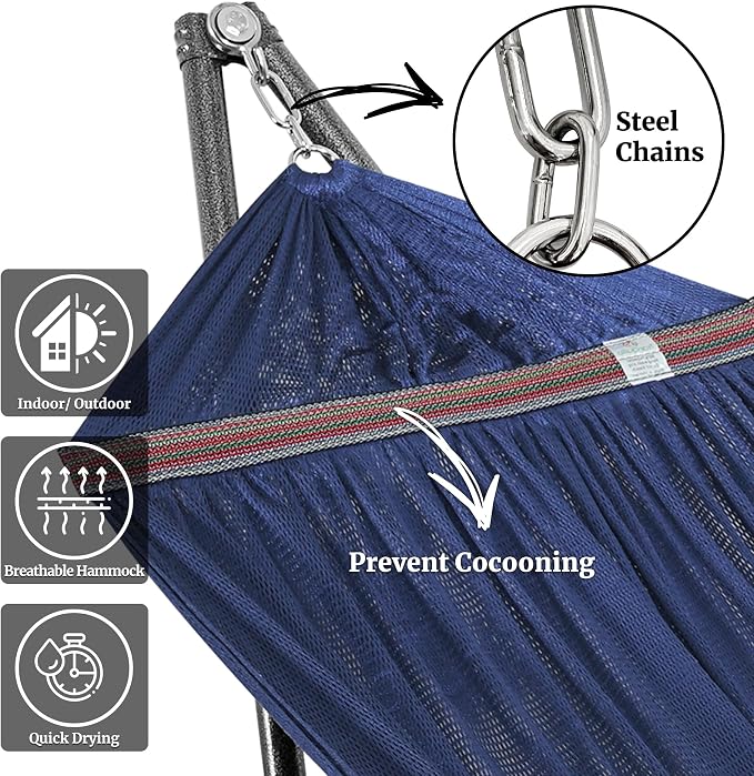 Tranquillo Universal Double Hammock with Stand Included for 2 Persons/Foldable Hammock Stand 600 lbs Capacity Portable Case - Inhouse, Outdoor, Camping, Aegean - Image 2