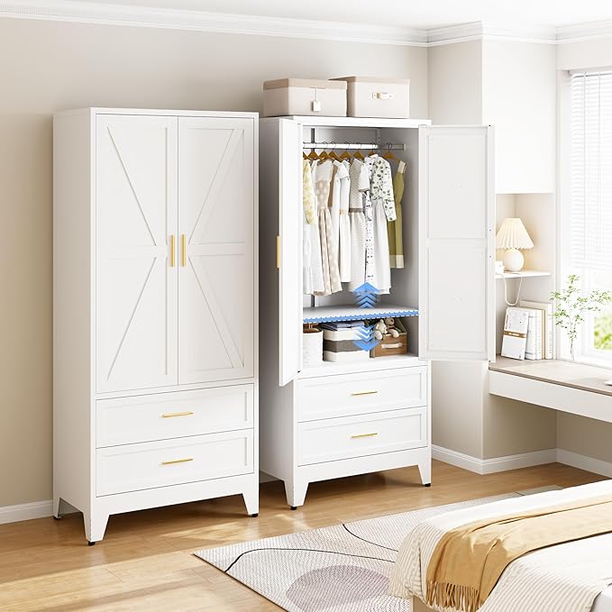 Metal Armoire Wardrobe Closet with Drawers, 71" Wardrobe Cabinet with Adjustable Shelves and Hanging Rod for Bedroom, White Metal Closet Storage Cabinet with 2 Doors & 2 Drawers