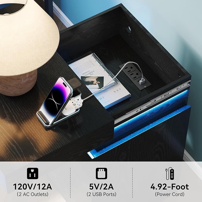 Black Nightstand with Charging Station and LED Light,27'' Tall Night Stand with Sliding Top for Bedroom, Bedside Table with 3 Drawers, Modern End Side Table for Living Room - Image 4