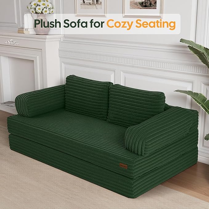MeMoreCool Convertible Sofa Bed, Folding Floor Couch Bed Queen, Pull Out Sleeper Couch with Pillows, Fold Out Futon Sofa for Bedroom Living Room Small Space, Corduroy Beige