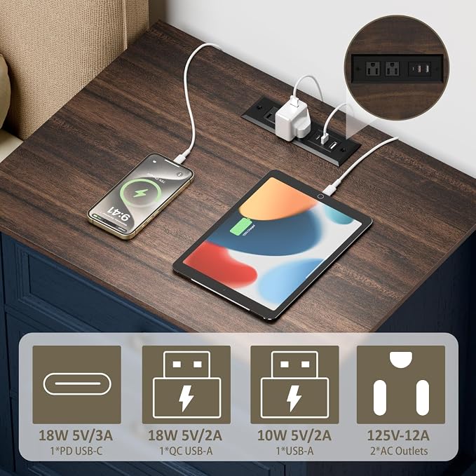 Nightstand with Charging Station, 24” Wide End Table with 3 Drawers, Modern Bedside Table with Storage, Wood Small Dresser for Bedroom Room (Blue) - Image 3