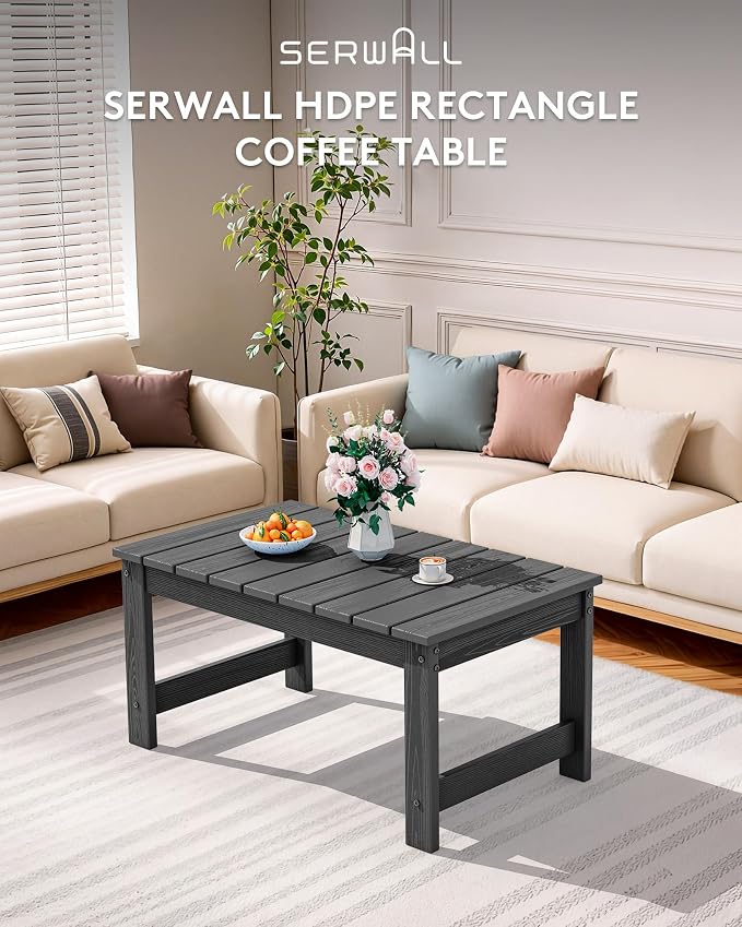SERWALL Outdoor Coffee Table with 1.69" Umbrella Hole, HDPE Patio Coffee Table for Outside, Rectangle, Gray - Image 8