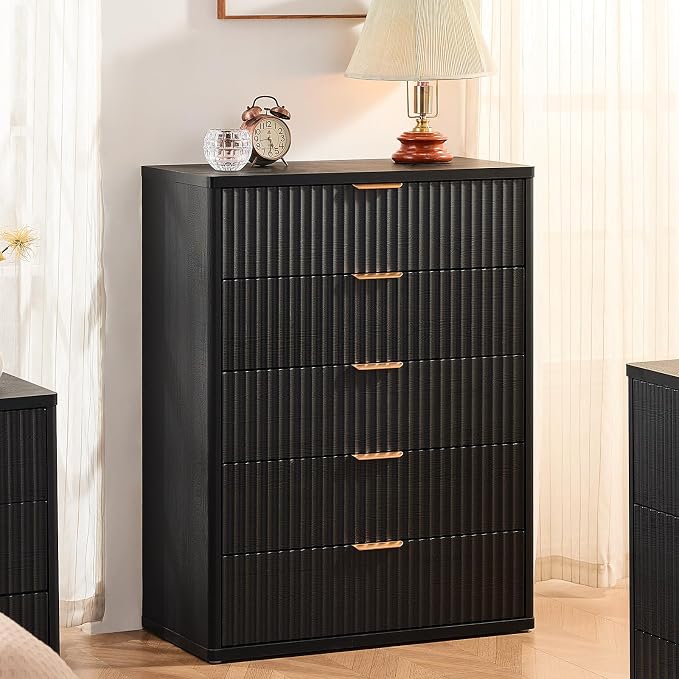 LEYAOYAO Fluted 5 Drawers Dresser for Bedroom, 41" Tall Modern Chest of Drawers with Metal Handle, Curved Profile Design,Black Wood Drawer Organizer for Bedroom, Living Room, Hallway, Entryway - Image 4