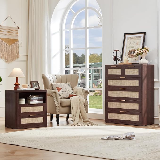 LEYAOYAO Rattan Dresser for Bedroom Set of 2, 41" Tall Chest of Drawers, Modern 6 Drawers Boho Dressers with Storage, Vintage Brown Dresser Wooden Closet Organizer for Living Room, Hallway - Image 9